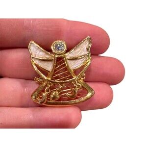 Vintage angel pin brooch with enamel and rhinestone gold tone pink